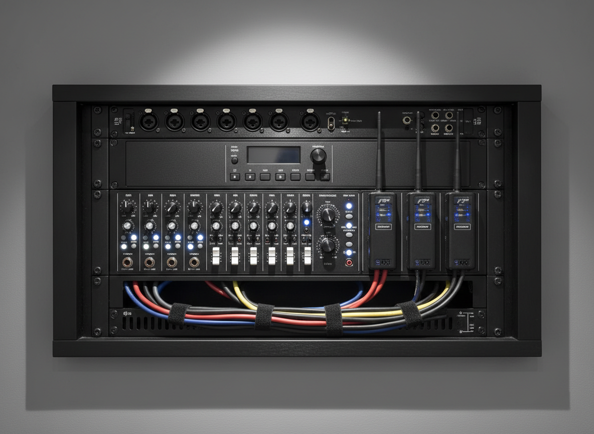 A close-up of a professional audio rack loaded with production equipment, including a sleek digital audio interface, a compact broadcast mixer, and neatly aligned wireless receiver units, all set within a black brushed-aluminum rack frame. Each device features discrete LED indicators, crisp white labeling, and knurled metal knobs. The rack stands against a smooth, mid-gray wall, with meticulously bundled XLR and network cables routed through an integrated cable management panel. Discreet overhead LED lighting casts a soft, focused beam on the rack face, producing delicate highlights on the metal edges and subtle shadows in the recessed areas. Shot straight-on with sharp focus and minimal distortion, the composition is tightly framed and symmetrical, conveying precision, reliability, and a corporate-grade production infrastructure in realistic, clean photographic style.