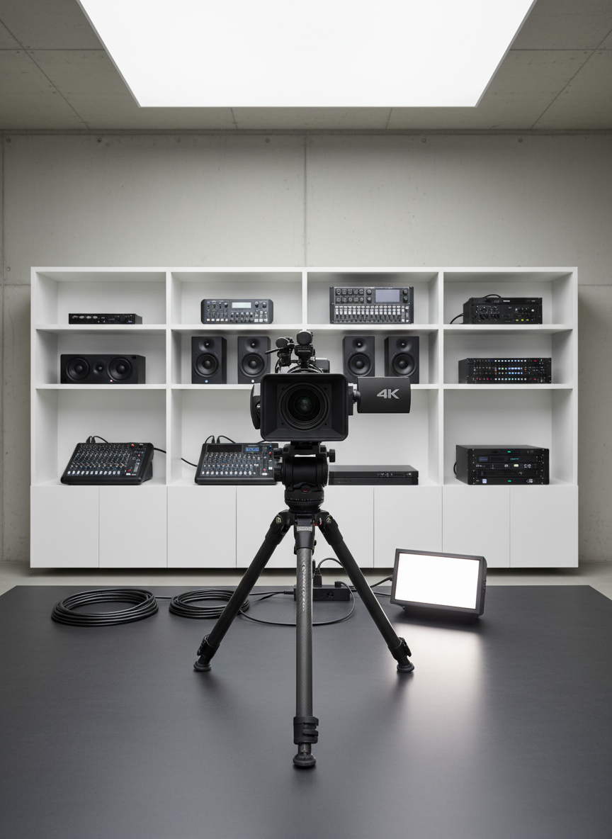 A meticulously organized array of high-end production equipment arranged on a matte charcoal workstation in a minimalist studio showroom. A 4K cinema camera with a sleek black metal body, carbon fiber tripod, and compact LED panel light sit in the foreground, cables neatly routed and coiled. Behind them, clean white shelving displays audio mixers, studio monitors, and compact switchers, all spaced evenly. Soft, diffused studio lighting from above and slightly to the side creates gentle reflections on metal surfaces and subtle shadows, emphasizing clean lines and precision. Shot at eye level with a medium-wide lens, the composition is symmetrical and balanced, conveying a professional, corporate aesthetic in photographic realism with neutral grays, blacks, and silvers dominating the palette.
