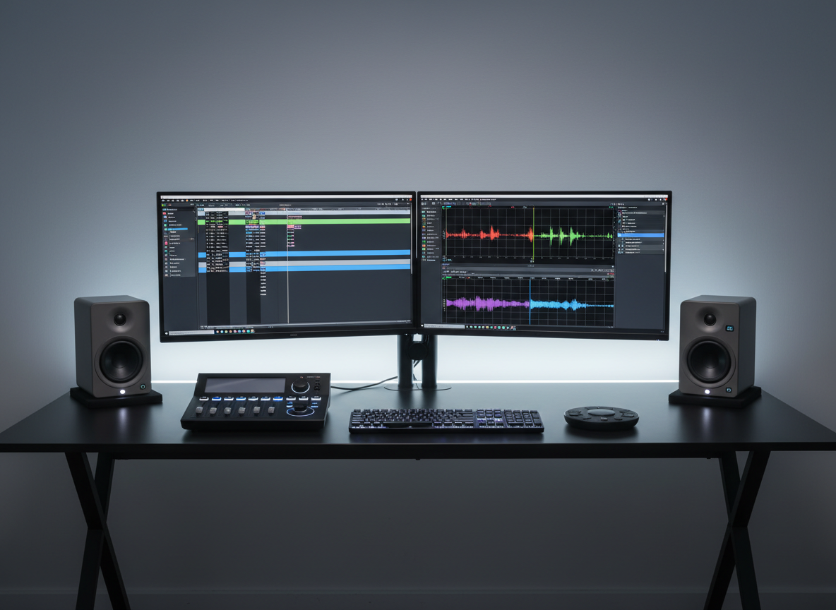A tidy dual-monitor editing workstation featuring sleek 27-inch color-accurate displays on a minimal black metal desk, showcasing an open video timeline and waveform scopes. Below, a compact control surface with illuminated buttons and smooth faders sits beside a low-profile mechanical keyboard and a precise editing jog wheel. On either side, neutral-toned studio monitor speakers rest on isolation pads. The background reveals a subtle gradient gray wall with faint reflections, free of clutter. Soft, cool-white LED strip lighting runs along the back edge of the desk, casting a gentle glow and creating a halo effect against the wall. Photographed from a slightly elevated angle with sharp focus throughout, the composition follows the rule of thirds, conveying a calm, efficient, corporate-grade post-production environment in clean, photographic realism.
